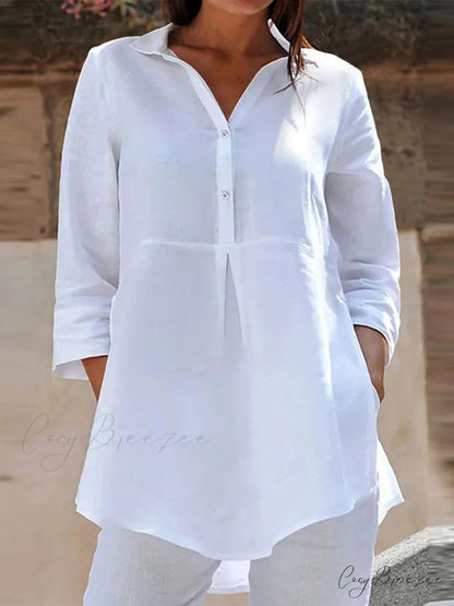 Collared Three-quarter Sleeve Relaxed Buttoned Blouse WHITE / S blouse-250126