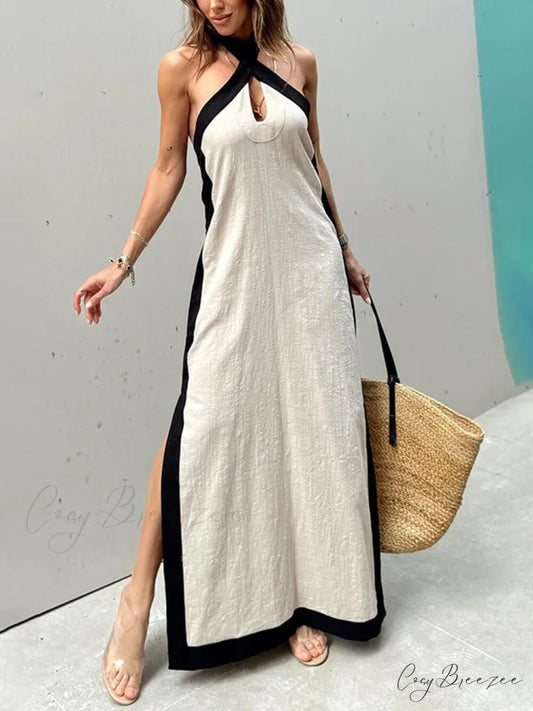 Color Block Halter Charming Neck Slit Maxi Dress Beige / S