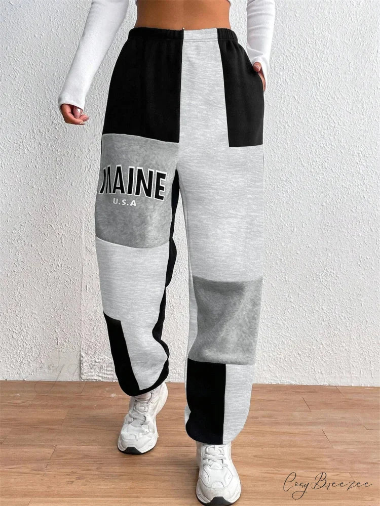 Color Block Jogger Letter Patchwork Print Knitting Casual Slant Pocket Pants