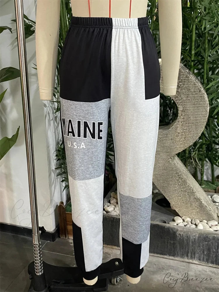 Color Block Jogger Letter Patchwork Print Knitting Casual Slant Pocket Pants