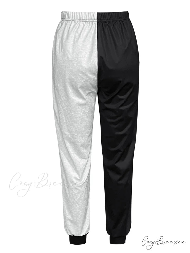 Color Block Jogger Letter Patchwork Print Knitting Casual Slant Pocket Pants