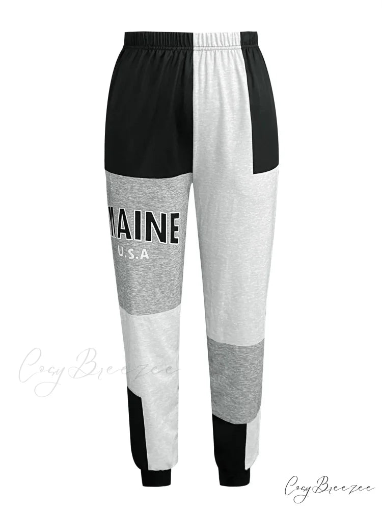 Color Block Jogger Letter Patchwork Print Knitting Casual Slant Pocket Pants