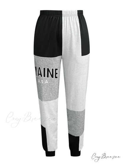 Color Block Jogger Letter Patchwork Print Knitting Casual Slant Pocket Pants