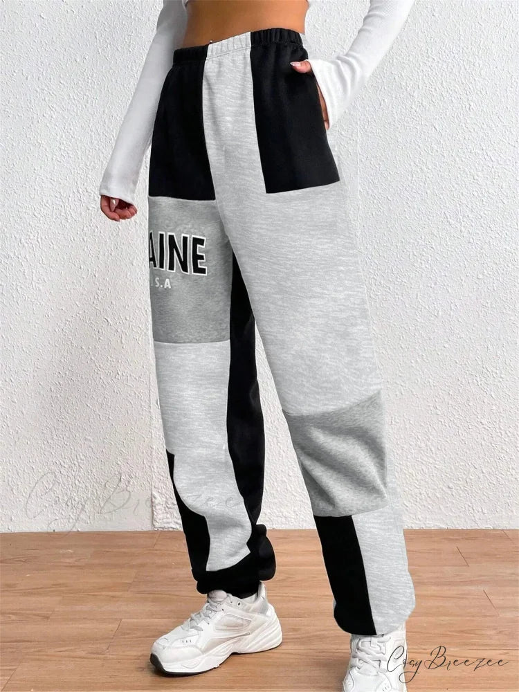 Color Block Jogger Letter Patchwork Print Knitting Casual Slant Pocket Pants Black / S