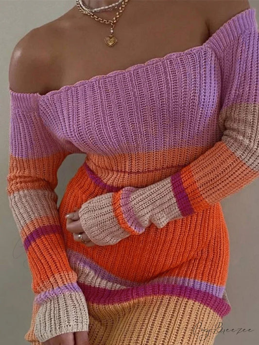 Color Block Stripe Knitted Modern Halter Crop Cami Top Pink / S