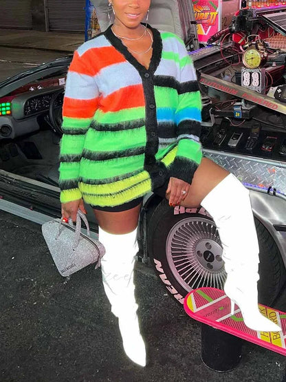 Color Block Striped Crochet Modern Knit Halter Mini Dress Green / One Size