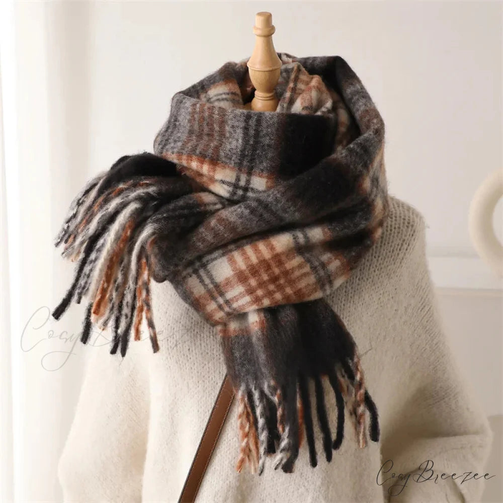 Color Blocked Grid Cashmere Pashmina Wrap Scarf BROWN