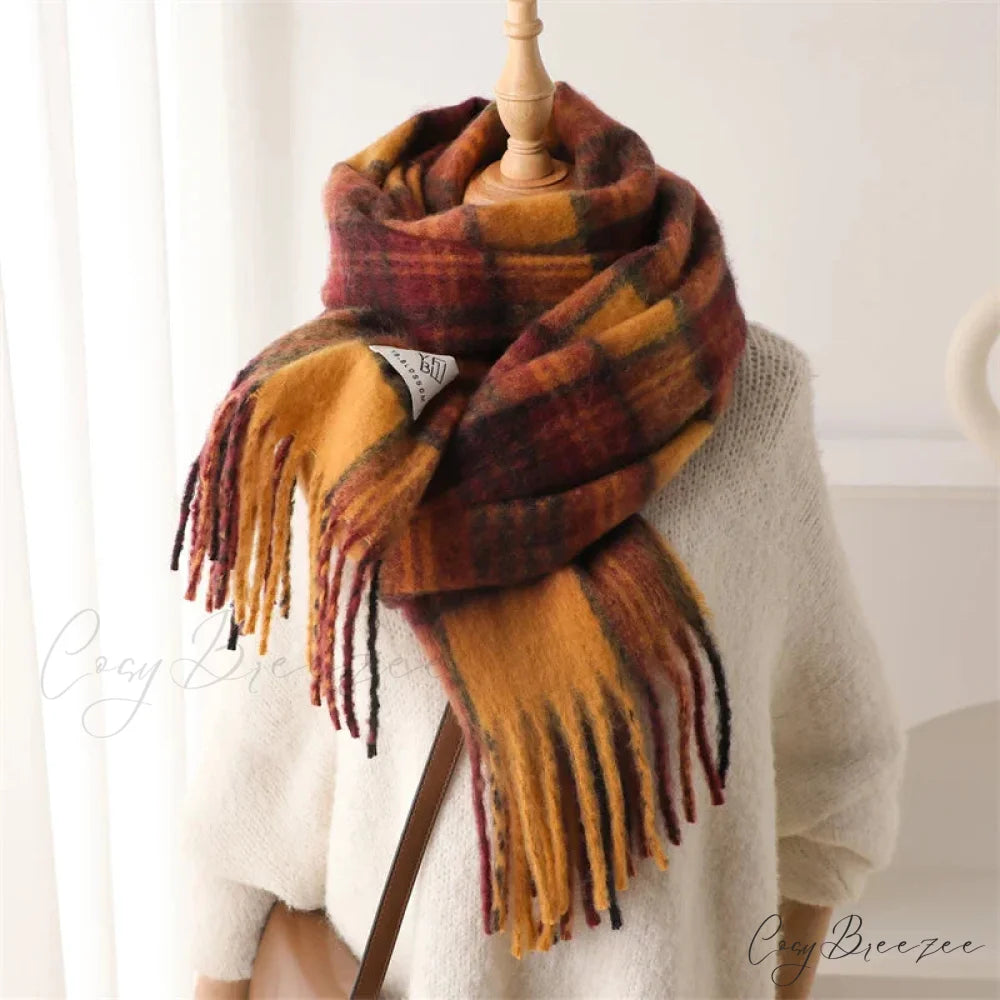 Color Blocked Grid Cashmere Pashmina Wrap Scarf GINGER