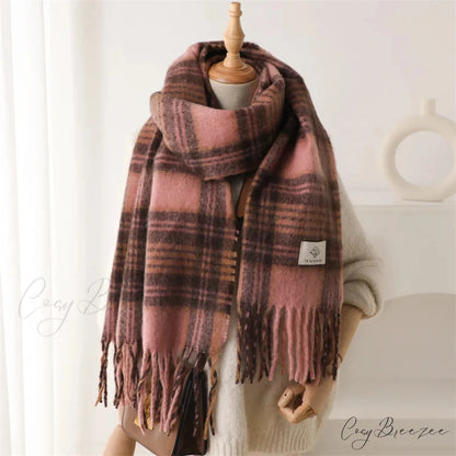 Color Blocked Grid Cashmere Pashmina Wrap Scarf GREY PINK