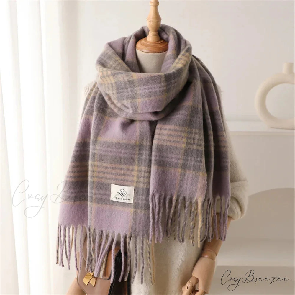 Color Blocked Grid Cashmere Pashmina Wrap Scarf LAVENDER