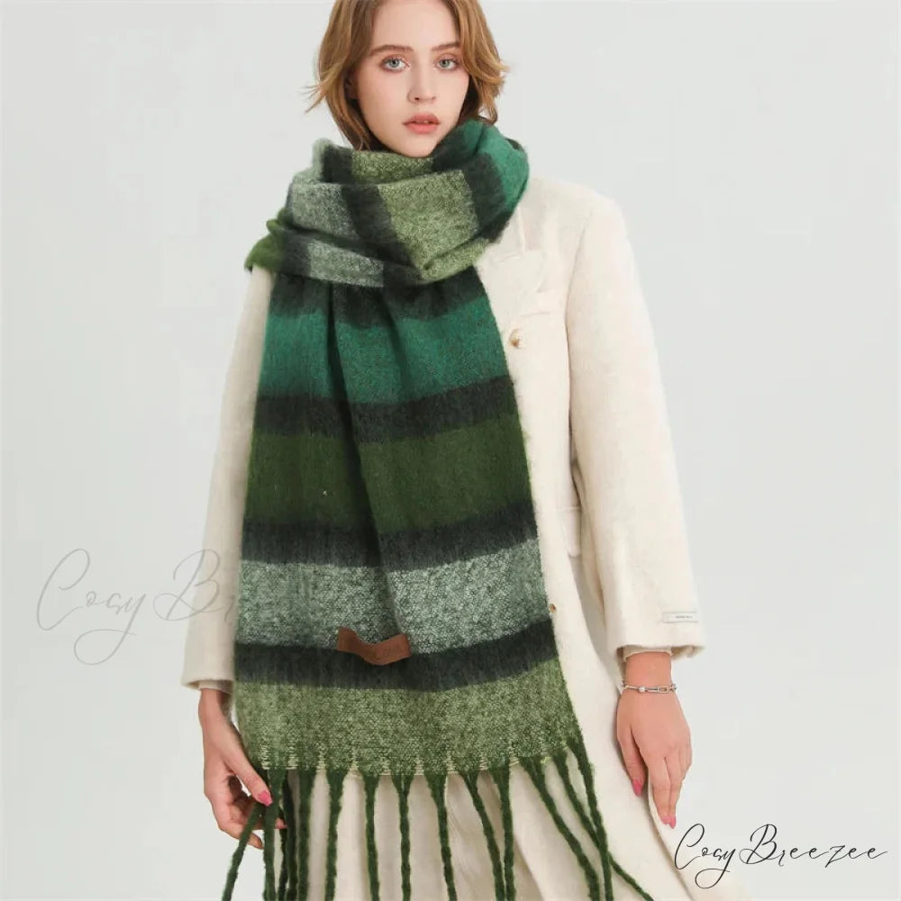Color Blocked Stripe Cashmere Pashmina Scarf GREEN