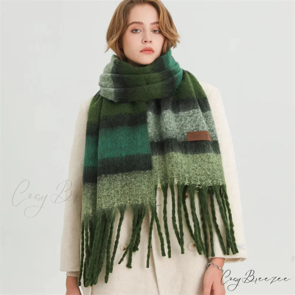Color Blocked Stripe Cashmere Pashmina Scarf GREEN