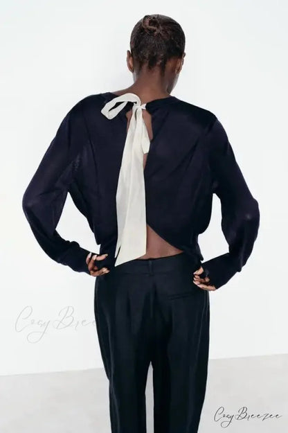 Color Contrasting Bow Bat Sleeve Cardigan Navy Blue / S cardigans-241228