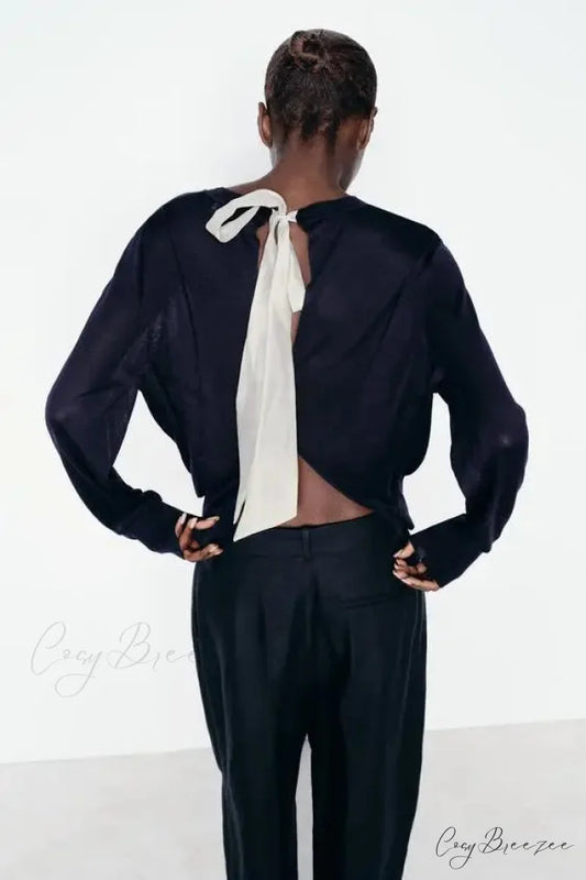Color Contrasting Bow Bat Sleeve Cardigan Navy Blue / S cardigans-241228