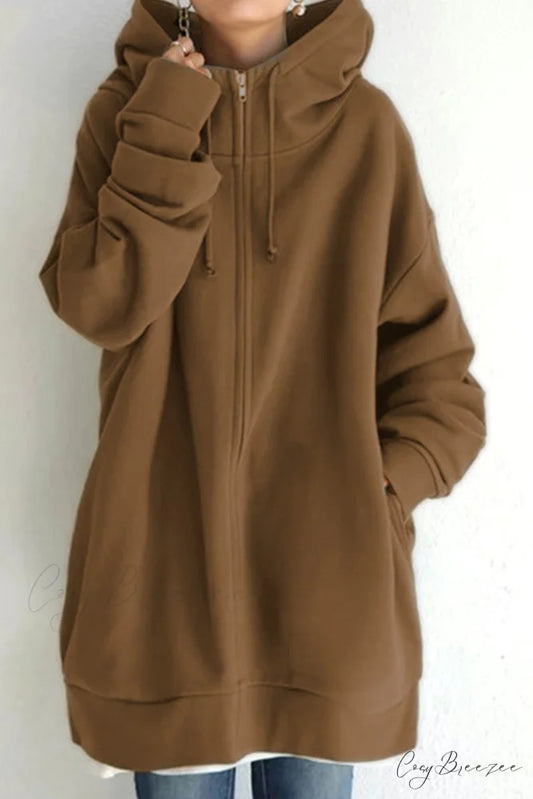 Color Hoodie Zipper Solid - Mid-length Coffee / S