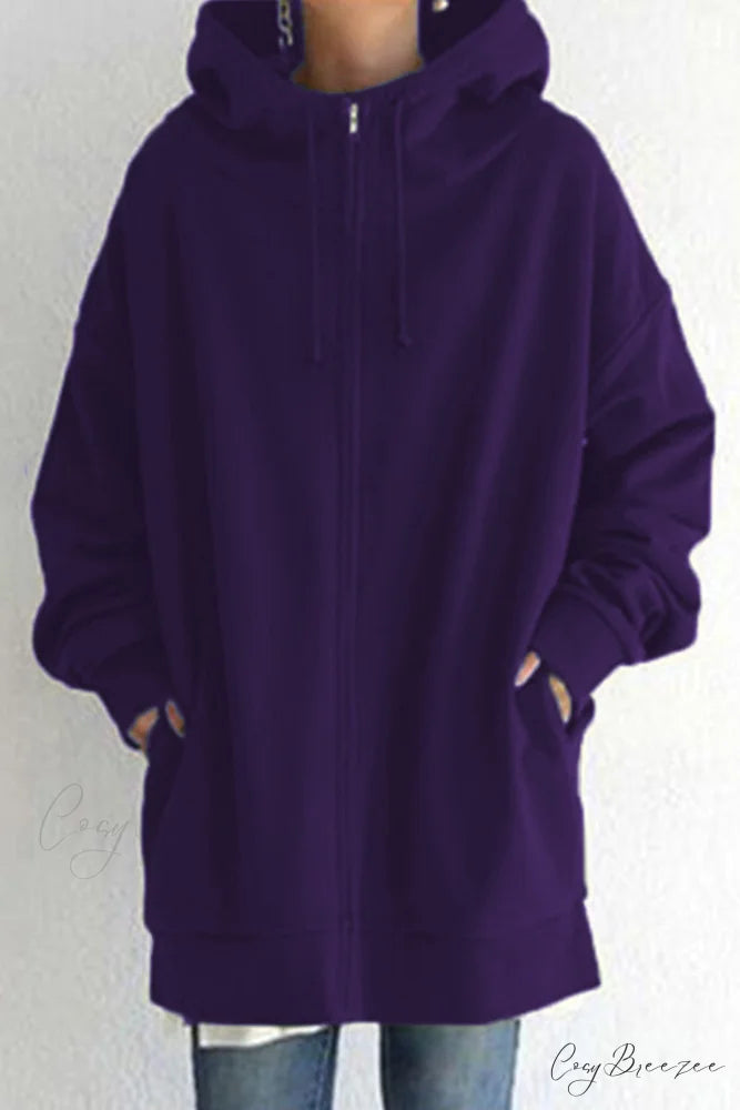 Color Hoodie Zipper Solid - Mid-length Purple / S