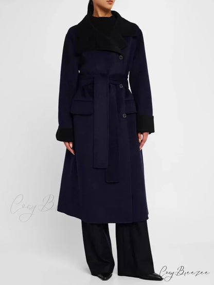Color Lapel Slim Single-Breasted Coat Navy / S overcoats-241228
