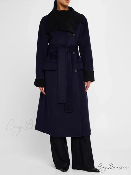 Color Lapel Slim Single-Breasted Coat Navy / S overcoats-241228