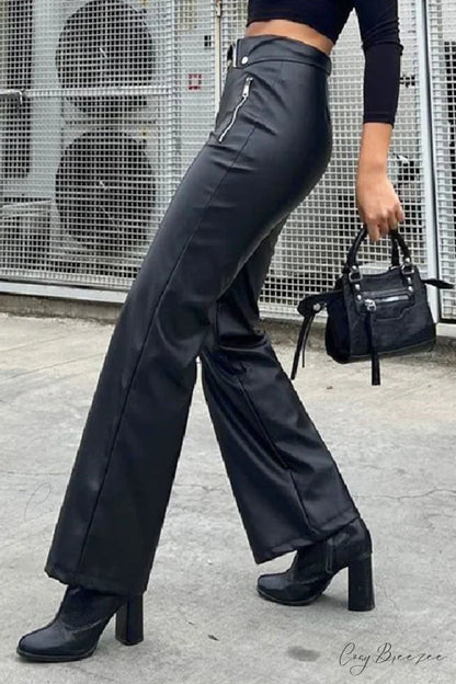 Color Leather Zipper with Solid Straight Pants Front Black / L