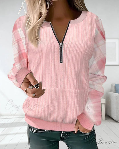 Color Plaid Block Zipper Sweatshirt
