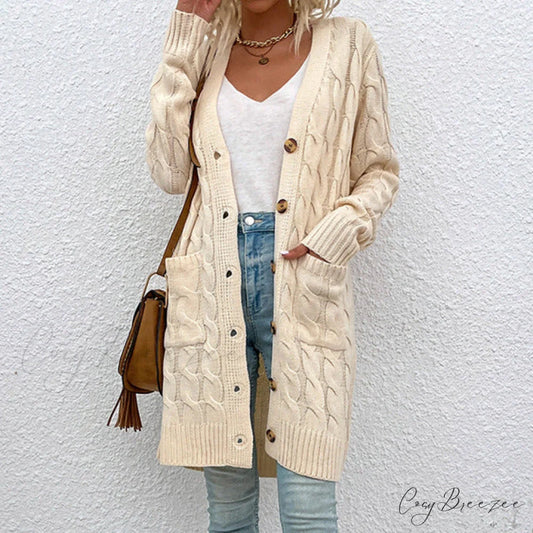 Color Solid Knitted Cardigan Beige / S