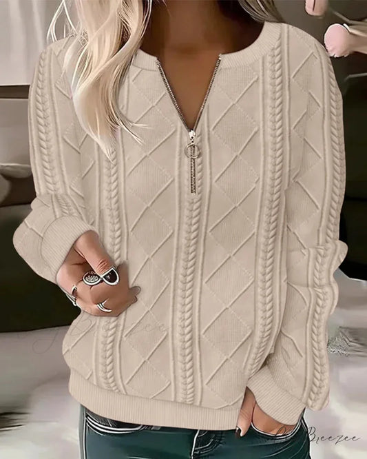 Color Solid Zippered Sweatshirt Beige / S