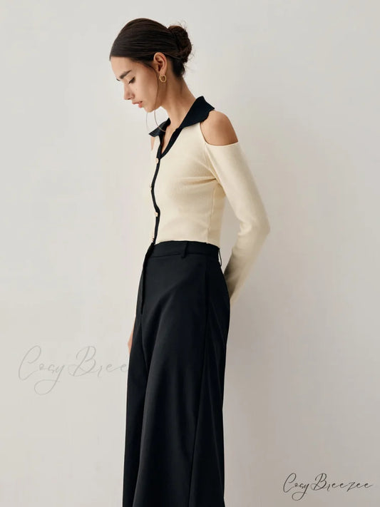 Colorblock Open Collar Cutout Modern Crop Long Sleeve Top Apricot / S