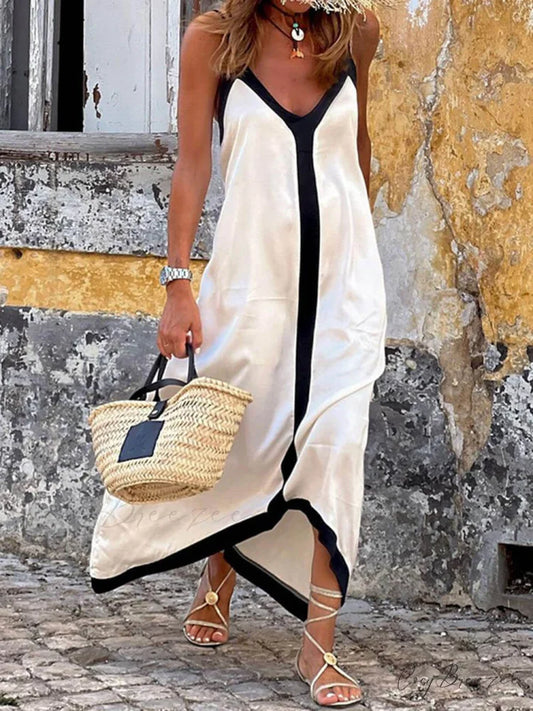 Colorblock Suspender Stylish Midi Dress White / S