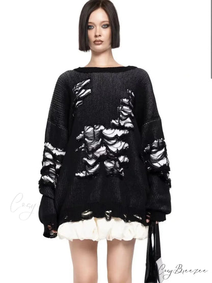 Colorblocking Torn Knit Pullover Sweater Black / S swraters-241228