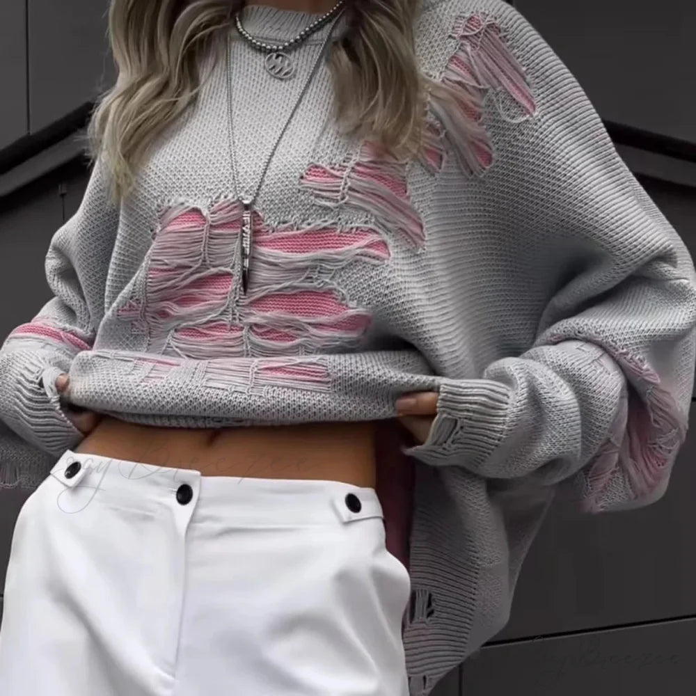 Colorblocking Torn Knit Pullover Sweater GRAY / S swraters-241228