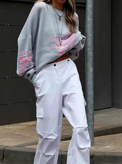 Colorblocking Torn Knit Pullover Sweater swraters-241228