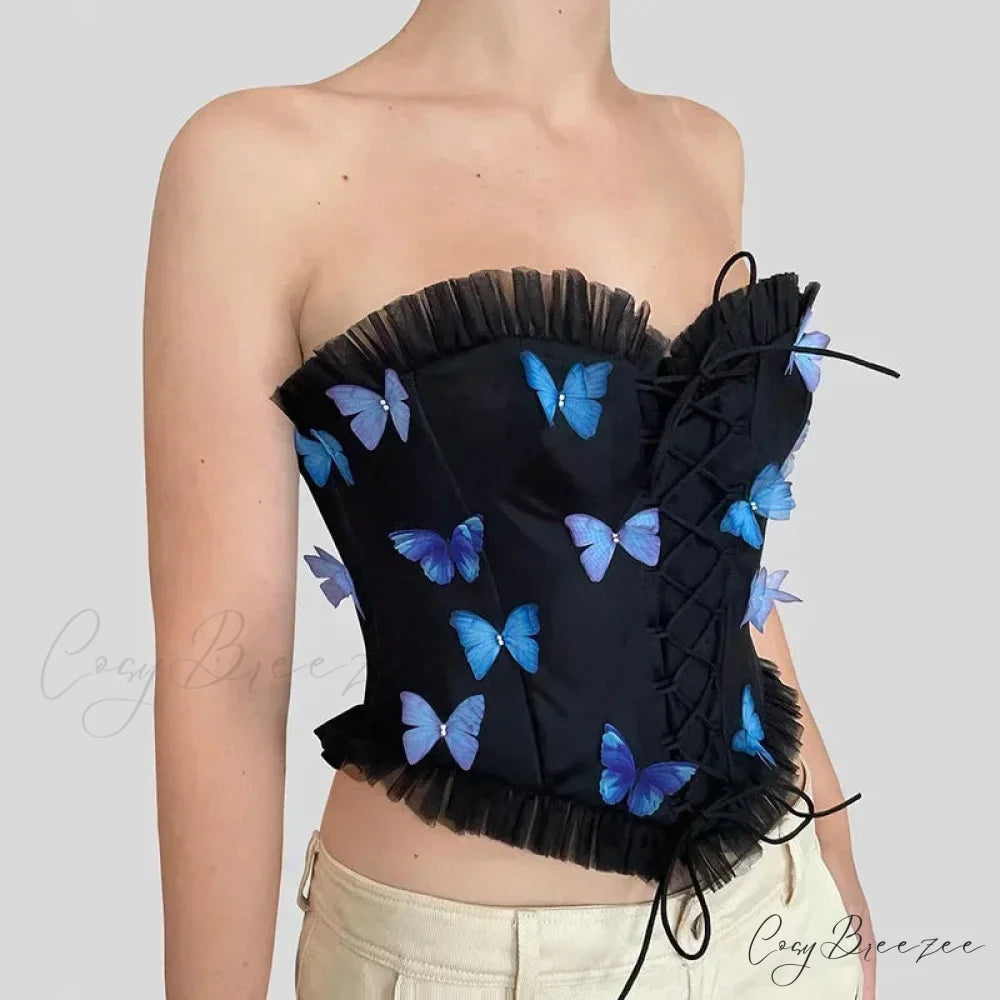 Colorful Butterfly Appliques Mesh Ruffle Crop Top Black / S croptop-250223