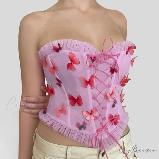 Colorful Butterfly Appliques Mesh Ruffle Crop Top croptop-250223