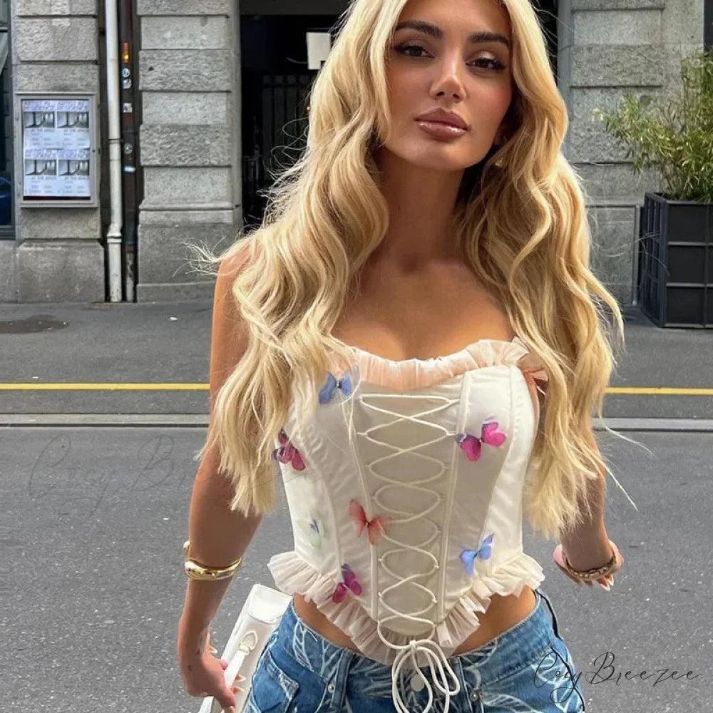 Colorful Butterfly Appliques Mesh Ruffle Crop Top croptop-250223