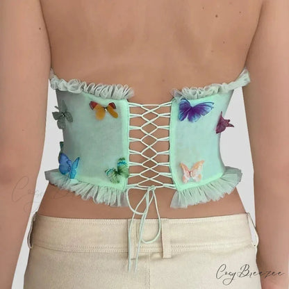 Colorful Butterfly Appliques Mesh Ruffle Crop Top croptop-250223