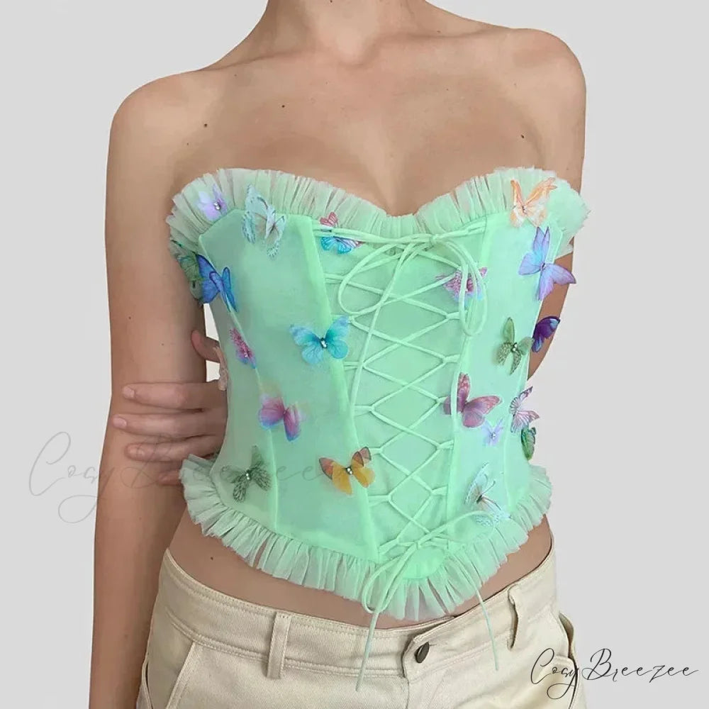 Colorful Butterfly Appliques Mesh Ruffle Crop Top Turquoise / S croptop-250223