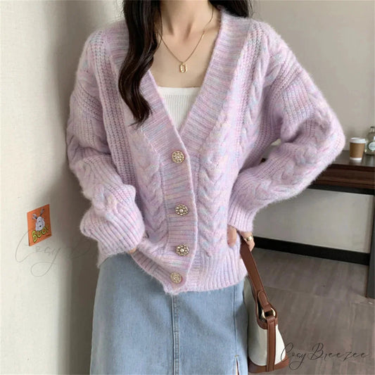 Colorful Button Patchwork Loose Knit Cardigan Violet / S cardiagn-250126