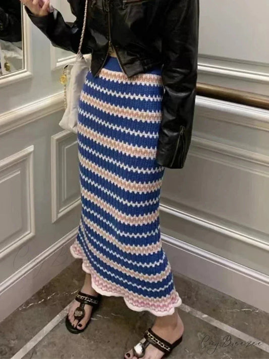 Colorful Elegant A-line Slim Fashion Black Chic Autumn Winter Midi Skirt Blue / One Size