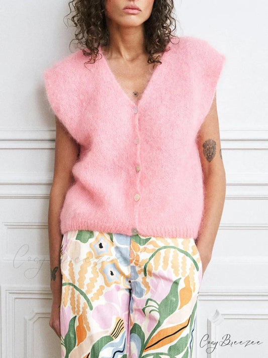 Colorful Furry Button-Up Sleeveless Cardigan cardigans-241228