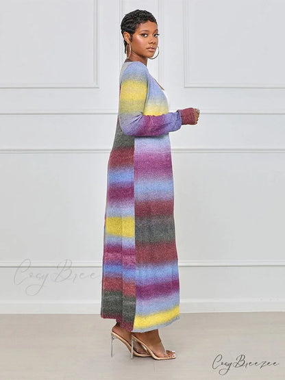 Colorful Panel Cut Out Modern Knit Midi Dress - Stripe