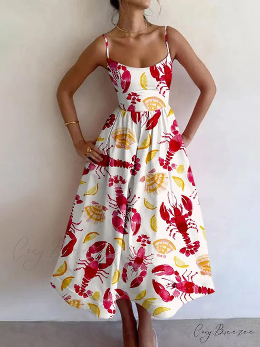Colorful Unique Printed Sexy Graceful Suspender Slim Midi Dress Red / S