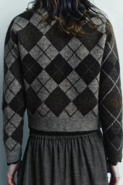 Comfortable Diamond Pattern Round Neck Cardigan cardigans-241228