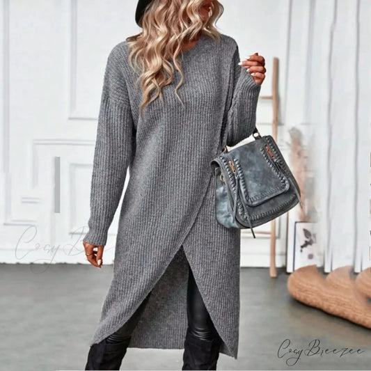 Commute Long Knit Coat Fashion Solid Midi Knitwear Warm Lady Vintage Harajuku Pullover Loose Slit Elegant Midi Dress