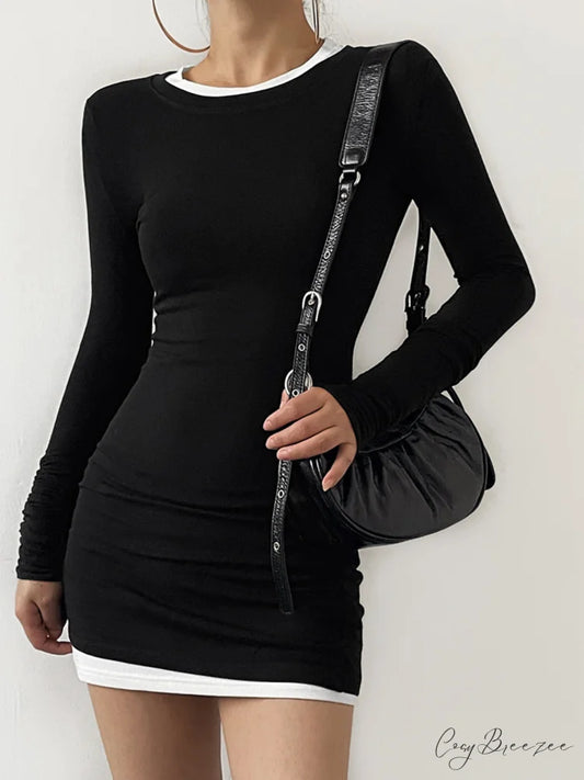 Contrast Binding Bodycon Long Modern Sleeve Knit Mini Dress Black / XS