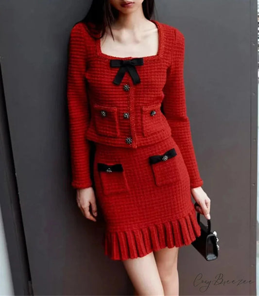 Contrast Bow Sequins Slim Knit Set Cardigan Square collar top / S