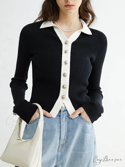 Contrast Charming Elegant Cardigan Black / XS