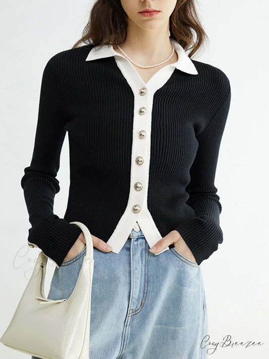 Contrast Charming Elegant Cardigan Black / XS