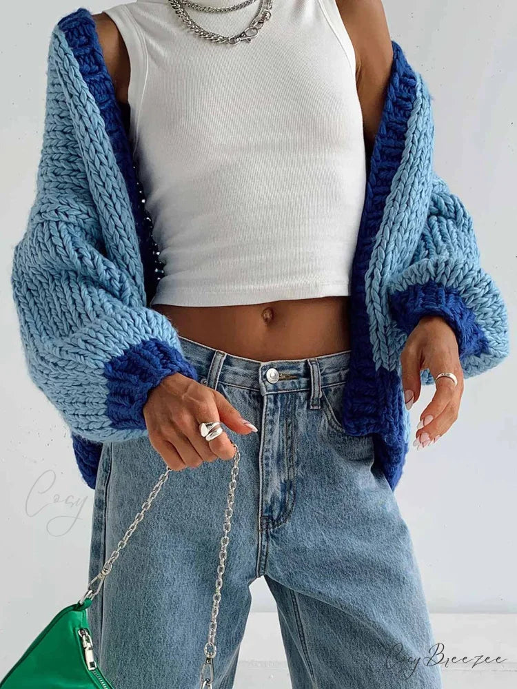 Contrast Color Open Front Loose Knit Cardigan Blue / S cardiagn-250126