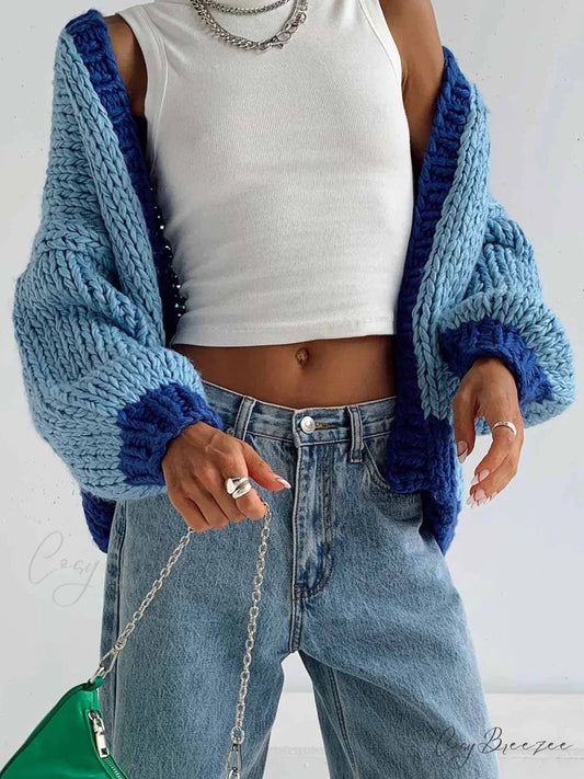 Contrast Color Open Front Loose Knit Cardigan Blue / S cardiagn-250126