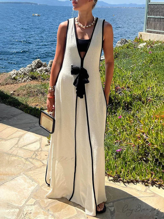 Contrast Color Self-Tie Charming Flowy Oversized Maxi Dress White / S